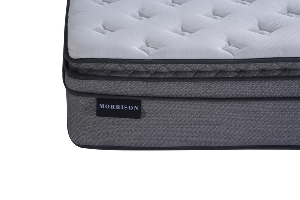 Gray mattress with Morrison branding on a white background