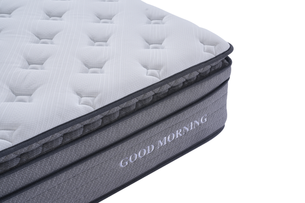 Gray mattress with 'GOOD MORNING' branding on a white background