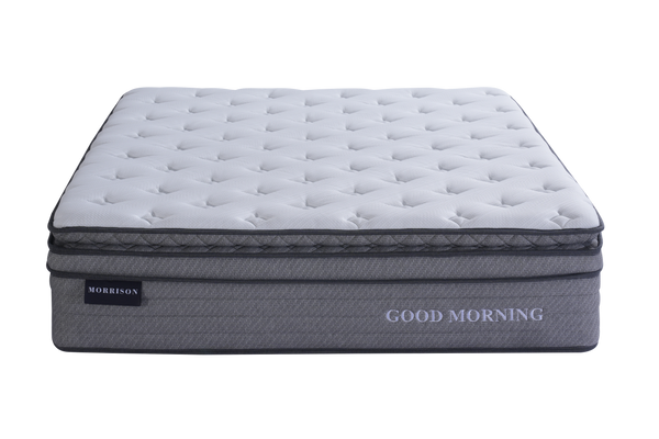 Gray mattress with 'Good Morning' branding on a white background
