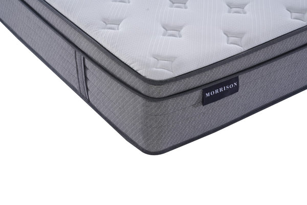 Gray mattress with 'Morrison' branding on a white background