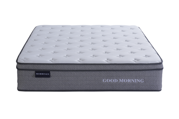 Gray mattress with 'Morrison' and Good Morning' branding on a white background