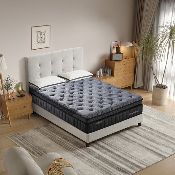 Gray mattress on a bed in a bedroom setting with decor elements.