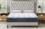 Mattress on a bed in a bedroom setting with wooden nightstands and a tufted headboard.