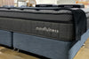 Photo of a Morrison Mindfulness mattress pictured on a blue denim ensemble base on Best in Beds Campbelltown showroom floor